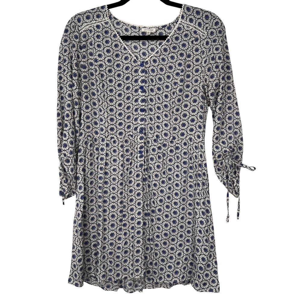 En Creme Blue White Boho Peasant Dress Tie Sleeve Babydoll Mini Medium